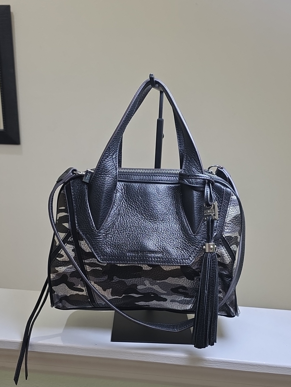 AIMEE KESTENBERG Black Silver Metallic Camo Print in Black Leather w/Tassel EUC